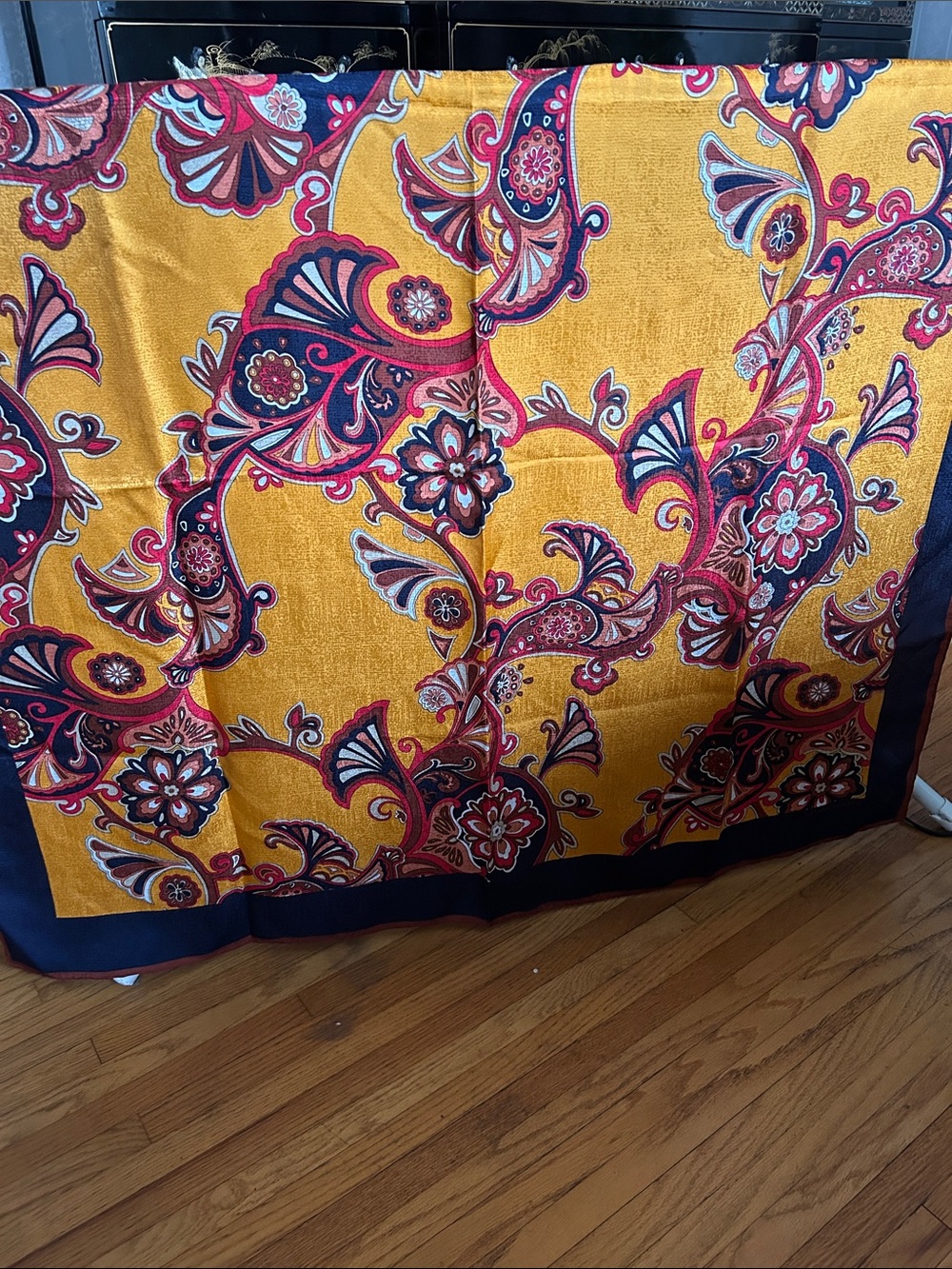 Banana Republic 100% Silk Scarf Mustard Yellow Paisley Floral & Navy Border 44”